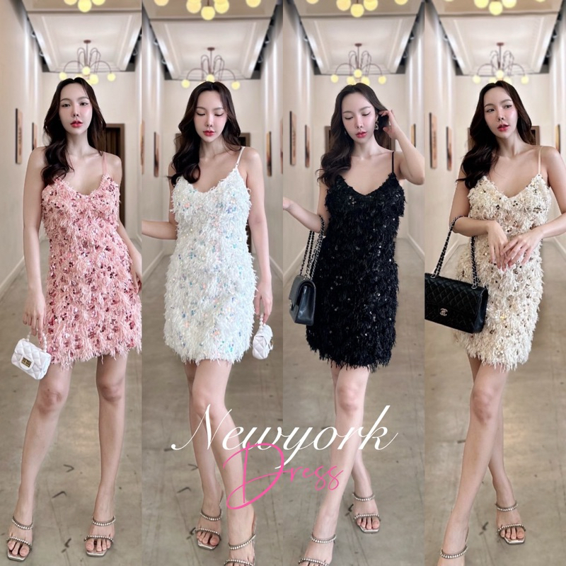 [ พร้อมส่ง กดในไลฟ์เหลือ359.-]Newyork Dress เดรสกลิตเตอร์ปาร์ตี้วิ้งๆขนเฟอร์ผ้ายืด ซับในทั้งตัว ไม่คัน ใส่ออกงานปังมาก