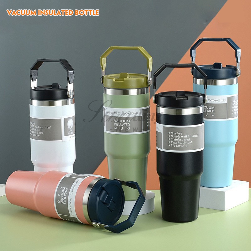 แก้วเก็บความเย็น แก้วเก็บอุณหภูมิร้อน / เย็น รุ่นมีหูหิ้ว มีหลอด 30 oz ขนาด 900ML สแตนเลสแท้ รุ่นใหม่ล่าสุด J366