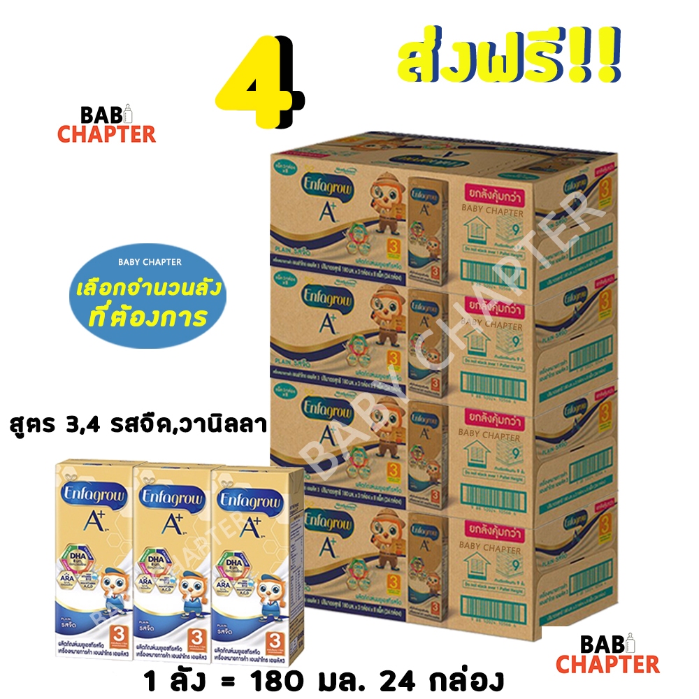 4 ส่งฟรี! Enfagrow A+ เอนฟาโกร เอพลัส นกฮูก สูตร 3 สูตร 4 จืด 180 มล 24 กล่อง นม นมจืด นมกล่อง