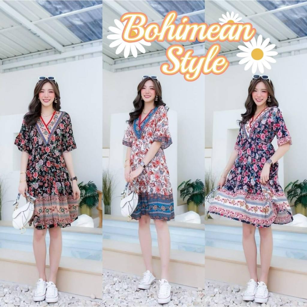 พร้อมส่ง ชุดเดรสโบฮีเมียนกระโปรงสั้นผู้หญิงใส่ออกงานตรีมโบฮีเมียน เดรสไปเที่ยวทะเล เสื้อผ้าแฟชั่นวินเทจ อินเดีย