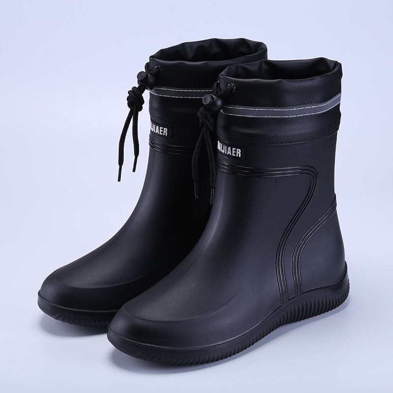 MVP รองเท้ากันฝนสีดำสำหรับผู้ชาย (แบบผูกได้) สามารถป้องกันหอยทากและเชื้อโรคได้ รองเท้ายาง