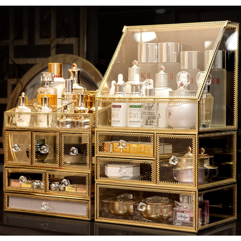 กล่องใส่เครื่องสำอาง กล่องเก็บเครื่องสำอาง กล่องจัดระเบียบเครื่องสำอาง กล่องใส่เครื่องประดับ กล่องใส่แหวน สีทองแอนทีค