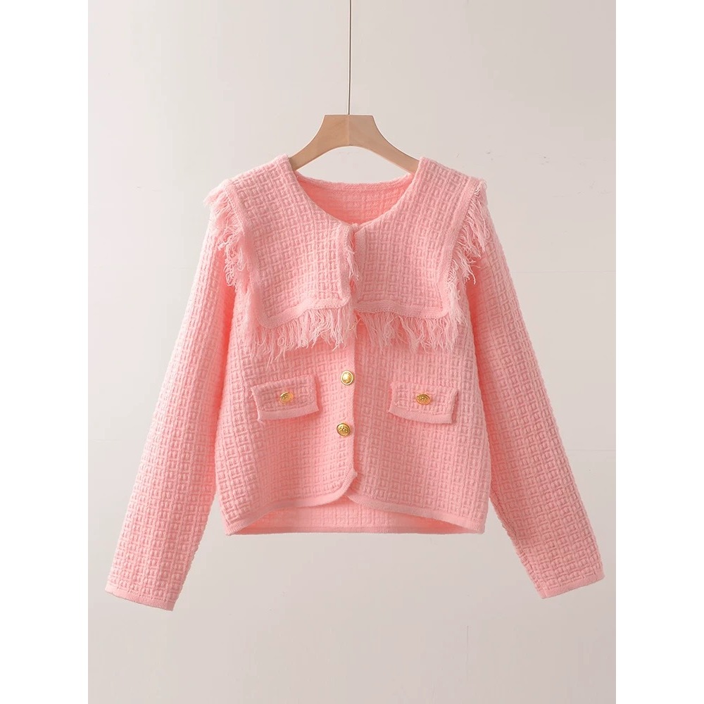 ♥️ALC♣️ Knitwear เสื้อคลุมไหมพรม สีชมพู แต่งคอปกเหลี่ยมใหญ่ ใส่ง่าย น่ารักๆ