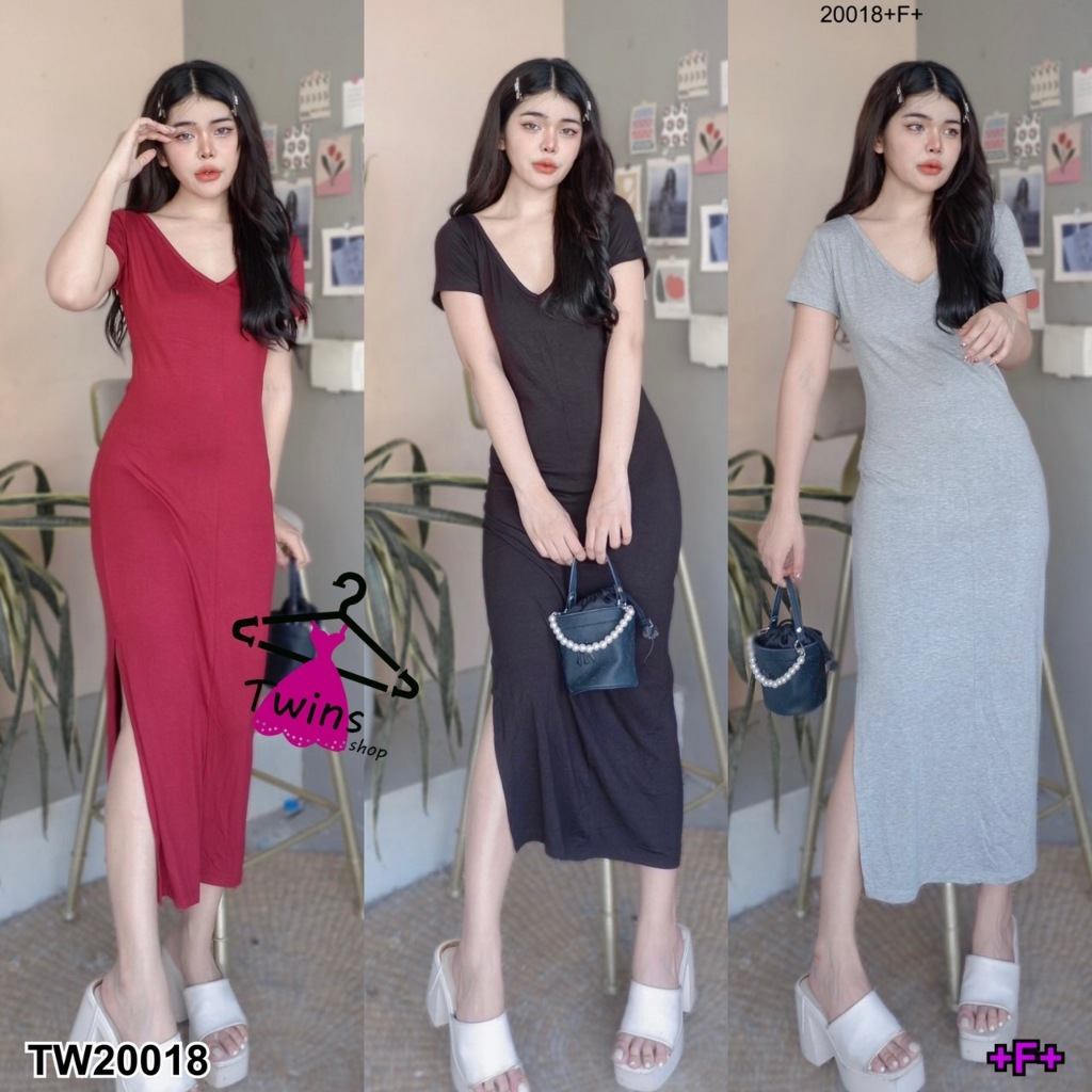MF20018 เดรสยาว คอวีแขนสั้น ผ้ายืดเรย่อน สีพื้น เข้ารูปสวย ด้านหลังเย็บสายไขว้ ต้องไม่พลาดรุ่นนี้น๊า ต้องมีติดไปถ่ายร