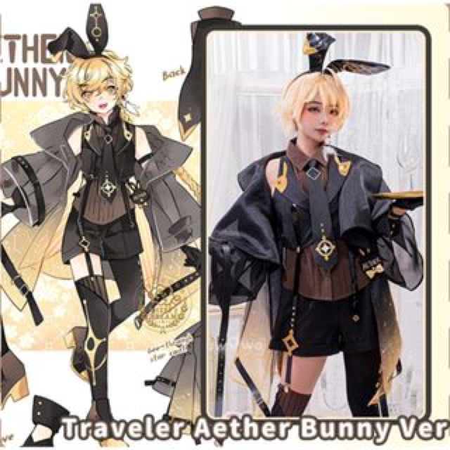 UWOWO Genshin Impact Fanart Aether Bunny Suit Canon Outfit Cosplay Traveler Kong Costume