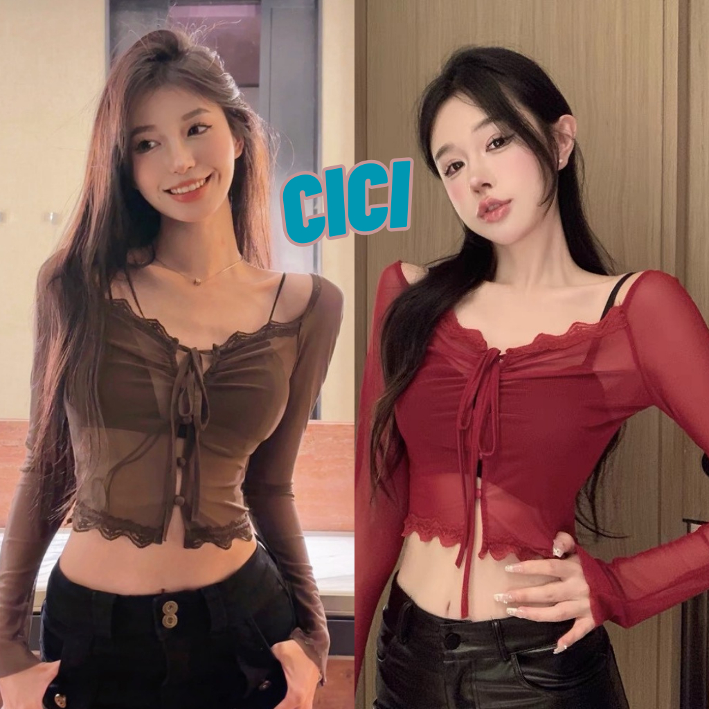 ส่งทันที Cici(NO. J556)เสื้อคลุมซีทรูเเขนยาว ดีเทลแต่งขอบลูกไม้ เชือกผูกด้านหน้าพร้อมกระดุมใช้งานได้จริง