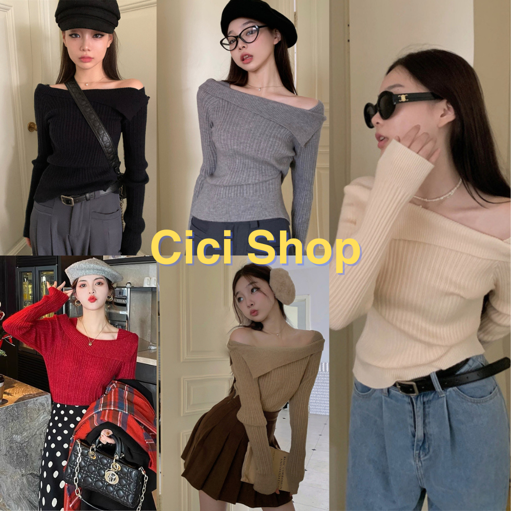 Cicishop(X1622)เสื้อแขนยาวปาดไหล่ไหมพรมผ้าร่อง สไตล์เกาหลีsocuteสุดๆ