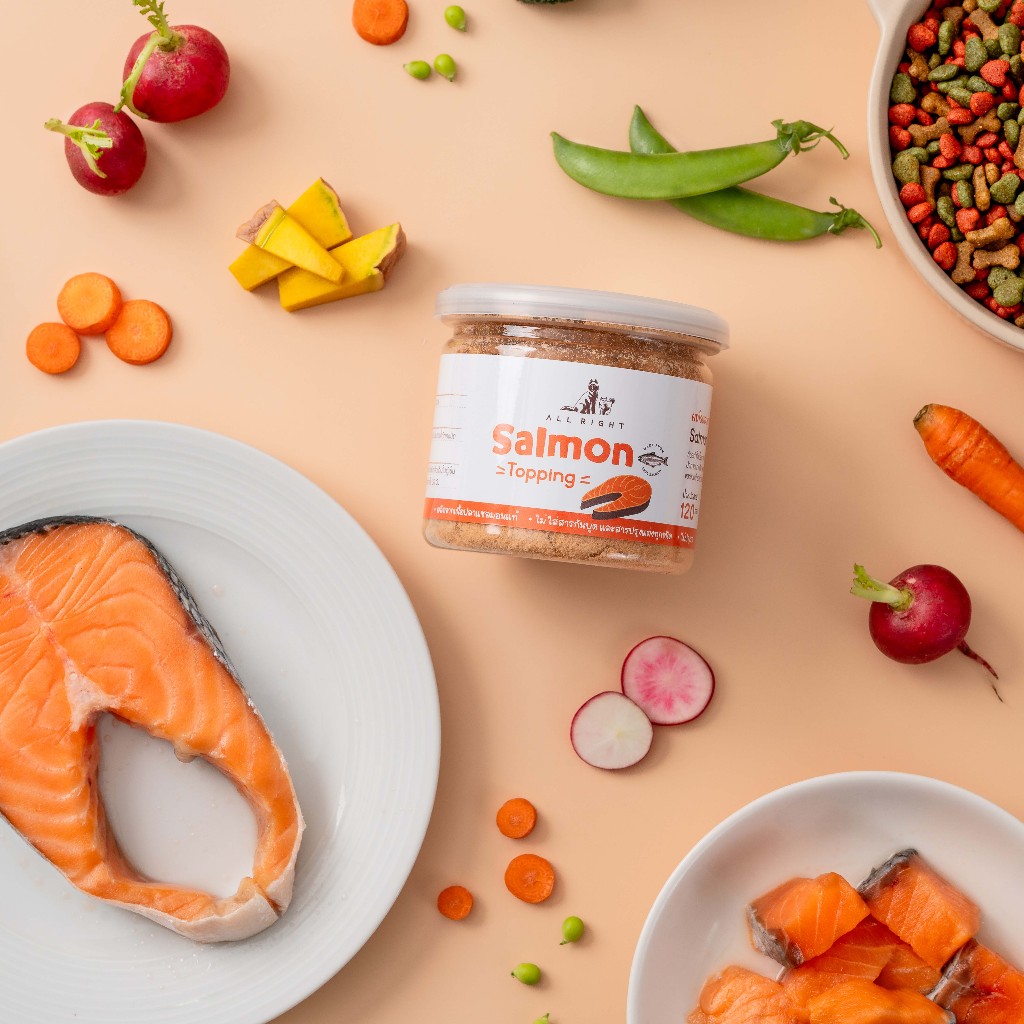 ALL RIGHT ท็อปปิ้ง แซลมอน 100% สำหรับสัตว์เลี้ยง ผงโรยอาหารแมว ผงโรยอาหารสุนัข ผงแก้เบื่ออาหาร