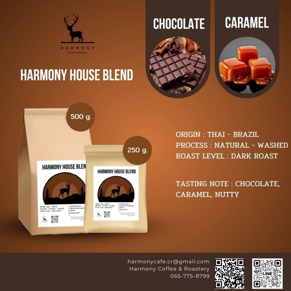 Harmony House Blend Dark เมล็ดกาแฟไทย-บราซิล คั่วเข้ม : Harmony Coffee