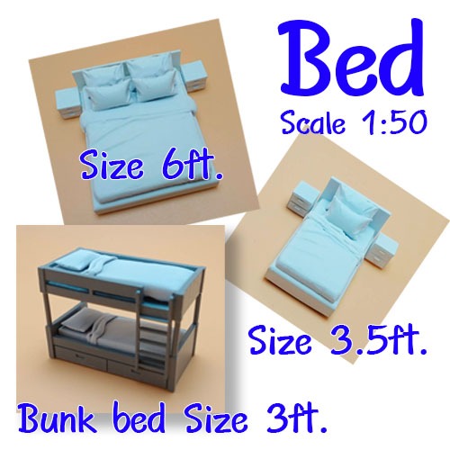 โมเดล เตียงนอนขนาด 3.5 ฟุต, 6 ฟุต พร้อมโต๊ะหัวเตียงและเตียง 2 ชั้น เป็นงานปริ้นส์ 3D เรซิ่น สเกล 1:50