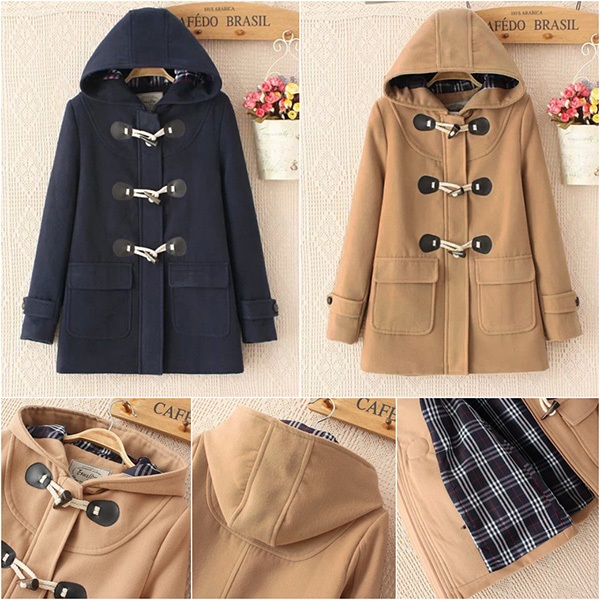 พร้อมส่ง  เสื้อโค้ทกันหนาววินเทจ มีฮู้ดแต่งกระดุมเขี้ยว ซับผ้าลายสก็อตใส่ติดลบได้-11724