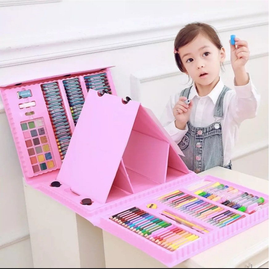 พร้อมส่ง ชุดเซ็ตอุปกรณ์ระบายสี 208 ชิ้น พาเลทชุดระบายสี อุปกรณ์สำหรับวาดภาพและระบายสี ฟ้า/ชมพู