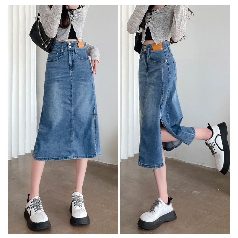 GHAOHES พร้อมส่ง   กระโปรงยีนส์ ผญ  เอวสูง  ผ่าข้าง    ขนาดS-2XL – โปรปัง