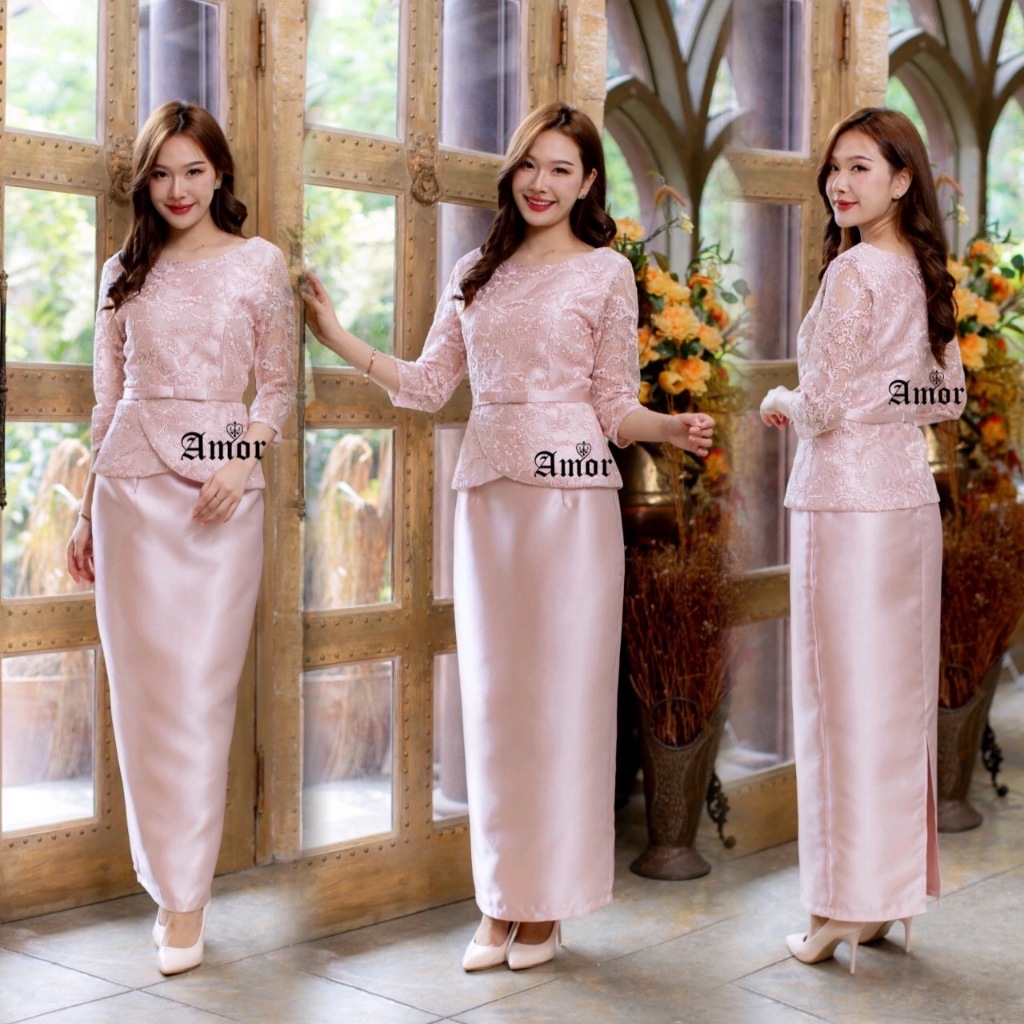 LuxuryDressShop ชุดเซต 2 ชิ้น ใส่ออกงาน สำหรับเจ้าภาพ แม่เจ้าบ่าวเจ้าสาว ตัวเสื้อลูกไม้ใยบวบปักกลิตเตอร์ + กระโปรง M-4XL