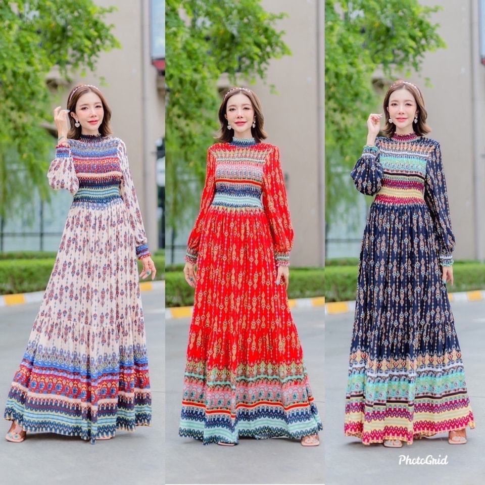 พร้อมส่ง แม็กซี่เดรสทรงฟินนาเล่ผ้าสปันพิมพ์ลายสไตล์โบฮีเมียน เดรสผู้หญิงใส่ออกงานตรีมอินเดีย เสื้อผ้าสาวมุสลิม
