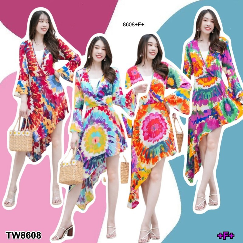 ส่งไว 1-2วันถึง 8608เดรสปลายเฉียง ชุดฮาวาย มัดย้อม สีสันสดใส ใส่เป็นเสื้อหรือเดรสก็ได้จ้า #ชุดสงกรานต์ #ชุดรับซัมเมอร์