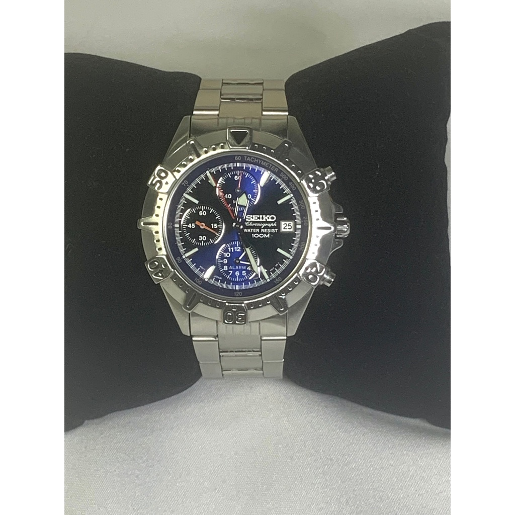 SEIKO 7T62-0DC0นาฬิกาควอทซ์โครโนกราฟญี่ปุ่นแท้100%ตัวเรือนสแตนเลสสีเงินหน้าปัดสีน้ำเงินมีวันที่กระจก