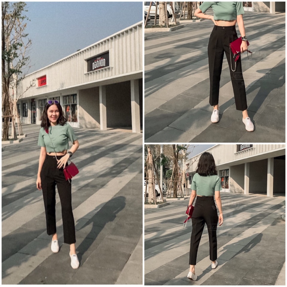 [S-3XL](VT) ARTHITTAYA.BRAND กางเกงเอวสูงทรงวินเทจ 8ส่วน-สีดำ