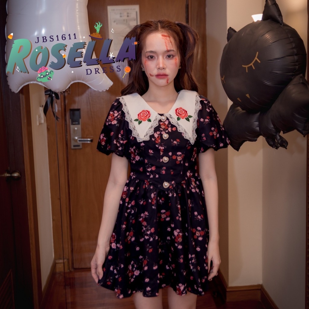 MYT x Joobs Studio : [JB20] : HW~Rosella Dress มินิเดรสผ้าโพลี พิมพ์ลายดอกไม้สีหวานตัดกับตัวผ้า
