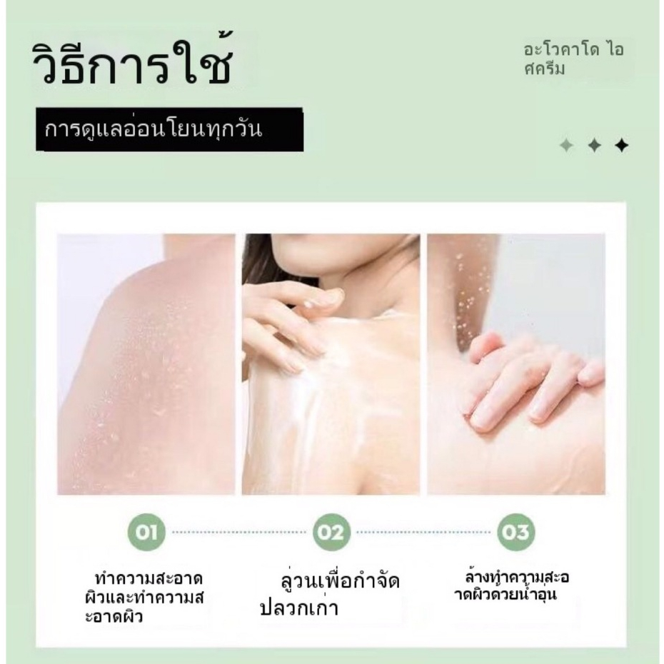 สครับผิว สครับตัวนุ่ม อาโวคาโดเนื้อไอศกรีม250g กลิ่นหอมดูแลร่างผิวกาย ขัดผิว ผลัดเซลล์ผิวเก่าผิวขาว   YM002 ราคา ถูกที่สุด ดีลบีเคเค แกลเลอรีภาพที่ 4