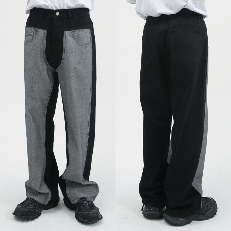 TWOTONE JEANS กางเกงยีนส์เอวสูงทรงกระบอกใหญ่