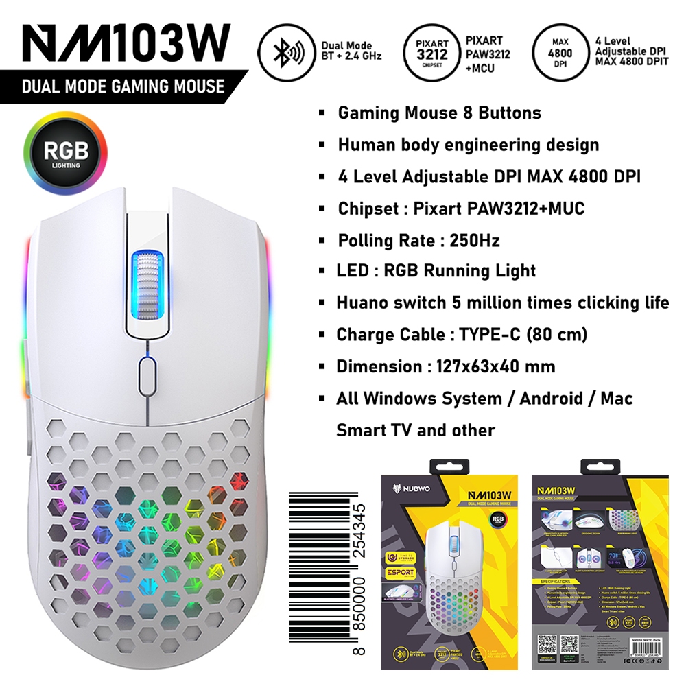 Nubwo NM103W เมาส์ไร้เสียงคลิก ไร้สาย 2 โหมด (บลูทูธ+ไวเลส) RGB Lighting
