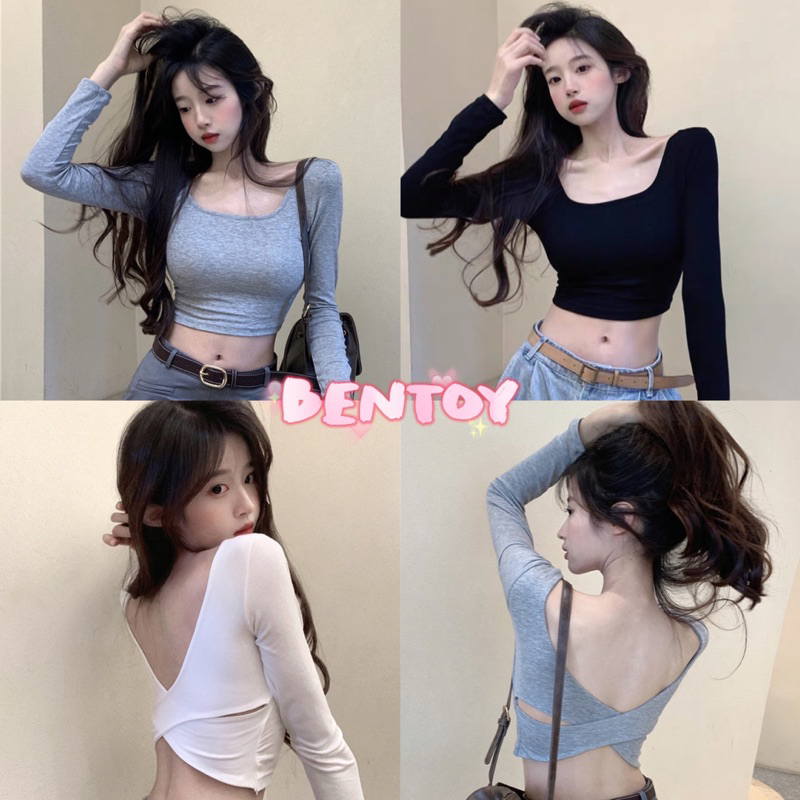 bentoy(bratop057)เสื้อครอปท็อป มีฟองน้ำ ผ้าฝ้ายยืดได้ ใส่สบาย ว้าวหลังเซ็กซี่เบาๆ