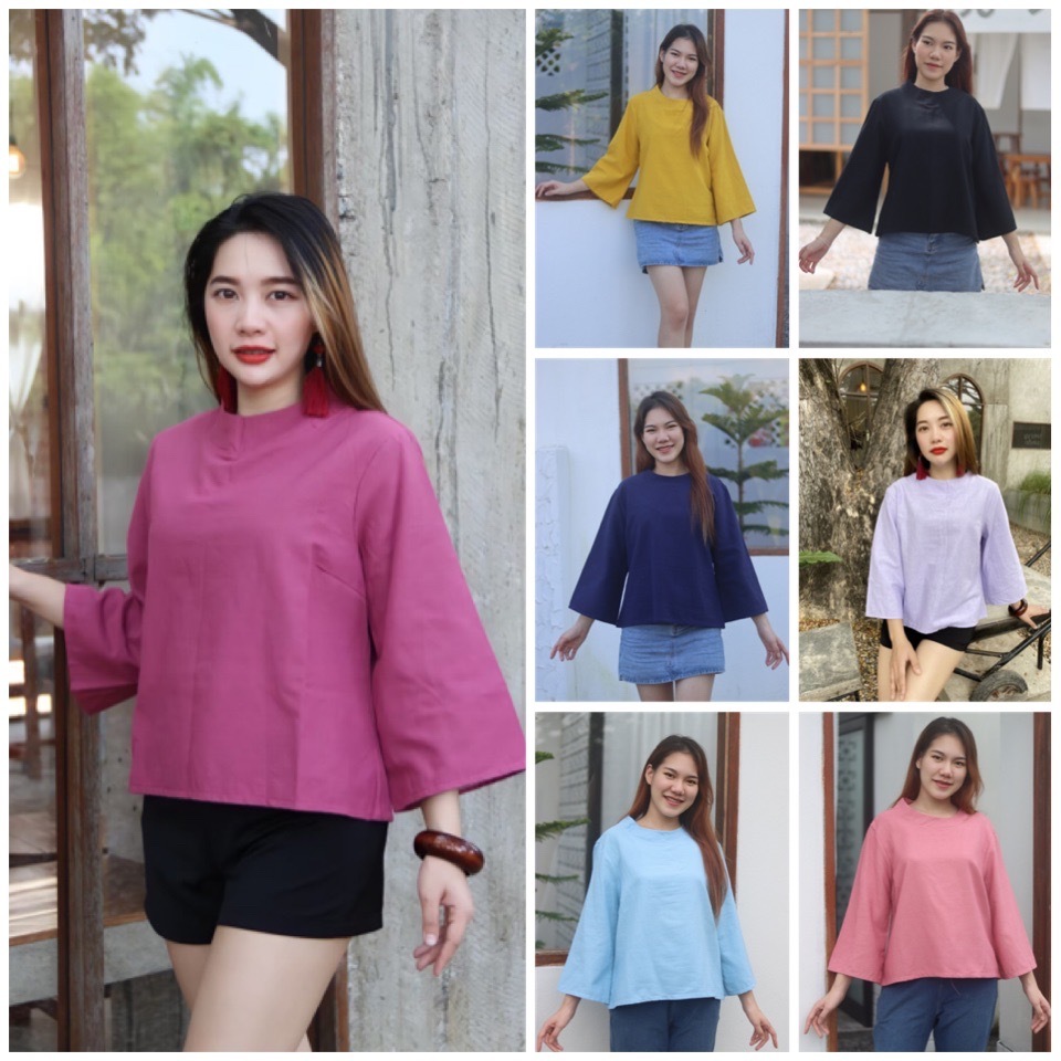 เสื้อผ้าฝ้ายคอปีนแขนยาว ติดกระดุมด้านหลัง
