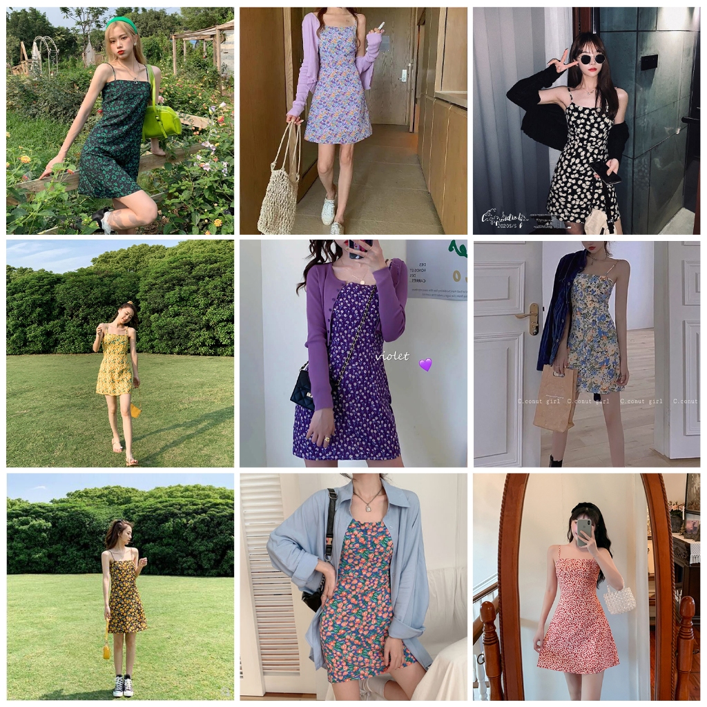 เดรสสายเดี่ยวลายดอก ผ้ายืด ทรงเอ มินิ/เหนือเข่า สไตล์เกาหลี Spaghetti Strap Dress Korean style