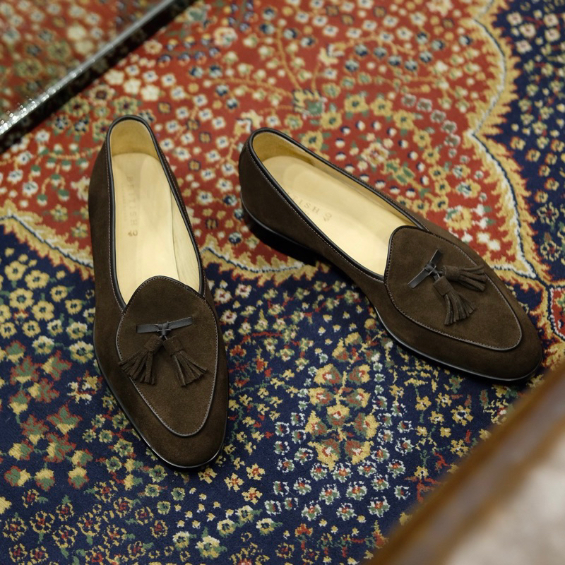 British รองเท้าหนัง Tassel Belgian Loafer Shoes Suede (Brown)