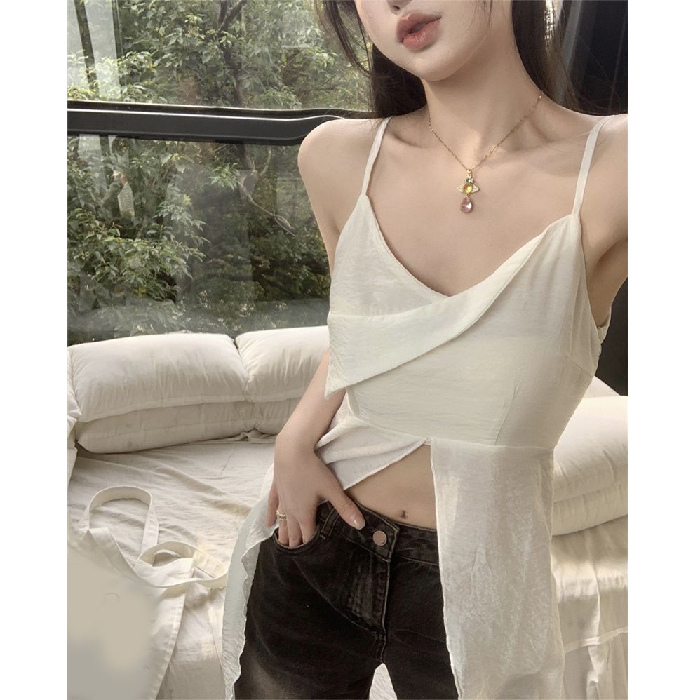 เสื้อชั้นในสตรีคอวีเซ็กซี่ของผู้หญิง การออกแบบสายรัดข้าม แขนกุด ผ้ายับ สไตล์วันหยุดสไตล์เกาหลี มิ้มยาวผิดปกติ