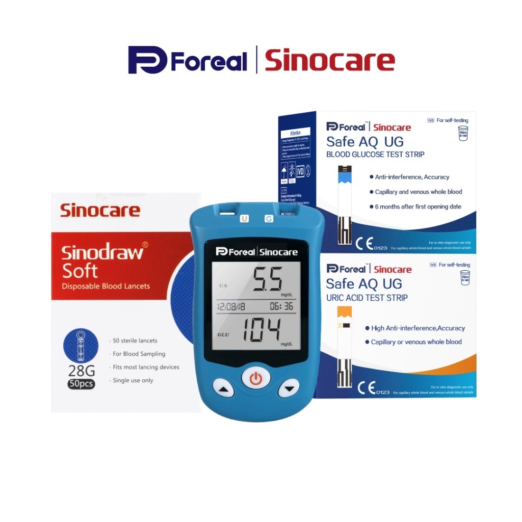เครื่องวัดน้ำตาลและกรดยูริคยี่ห้อ Sinocare รุ่น Safe AQ UG 50 แถบ พร้อมเข็มและปากกา ราคา ถูกที่สุด ดีลบีเคเค