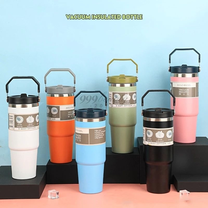 แก้วเก็บความเย็น 890ml. รุ่นใหม่ หูแบบเหลี่ยม สแตนเลส 304 มีหูหิ้วพร้อมหลอด