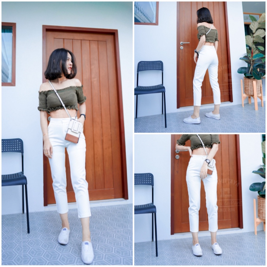 (07) ARTHITTAYA.BRAND กางเกงใส่ทำงาน งานผ้า โรเซฟ 7 ส่วน เข้ารูป-สีขาว