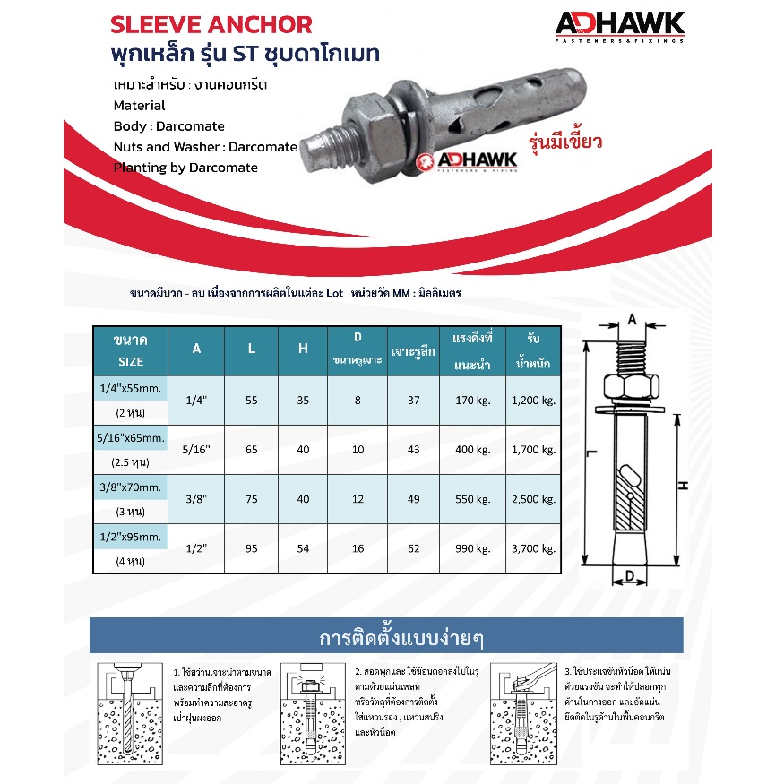 พุกเหล็ก ชุบดาโกเมท ขนาด 1/4