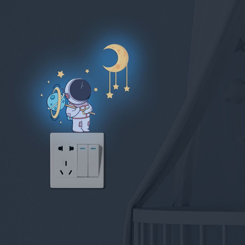 ของตกแต่งห้องนอน สติกเกอร์สวิทช์ดาวดวงจันทร์นักบินอวกาศส่องสว่าง, สติกเกอร์ติดผนังตกแต่งเรืองแสงห้องเด็ก