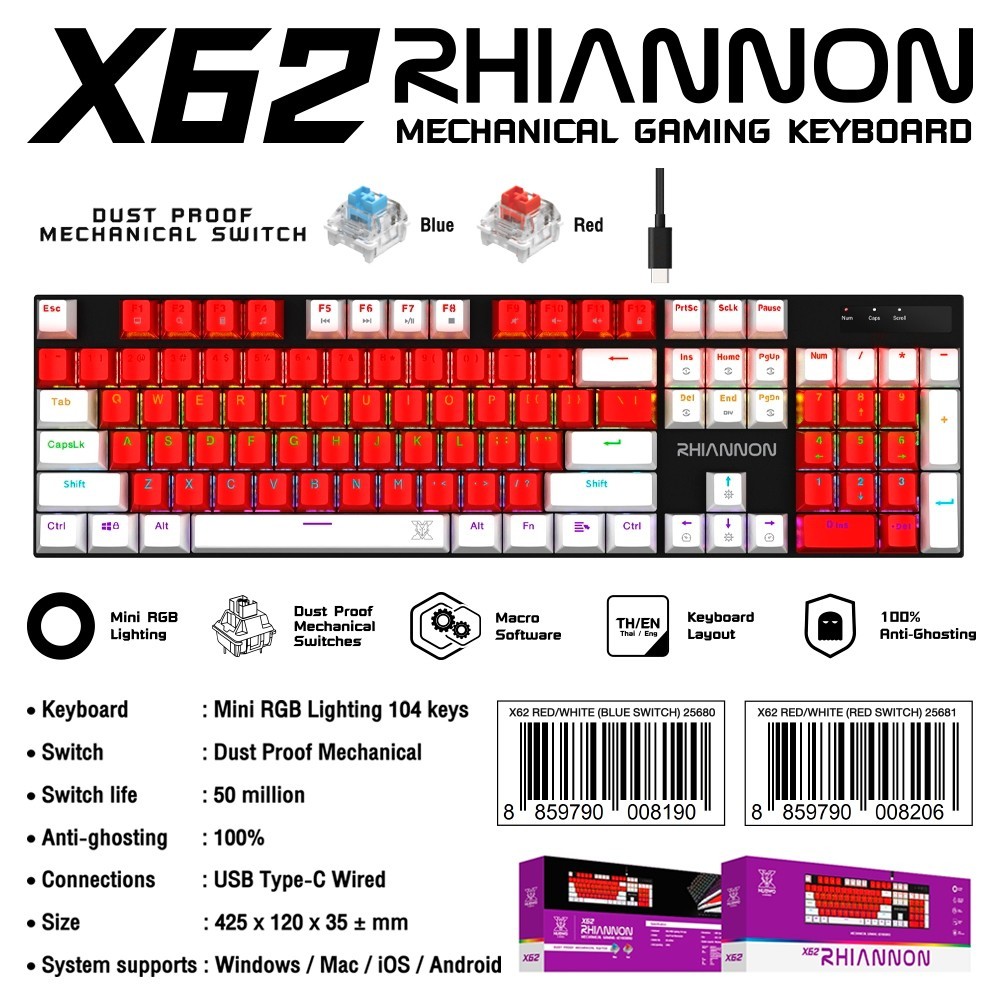 คีย์บอร์ด Nubwo X62 Keyboard Gaming คีย์บอร์ดเกมมิ่ง คีย์บอร์ดแมคคานิคอล Blue Switch ประกันศูนย์ไทย