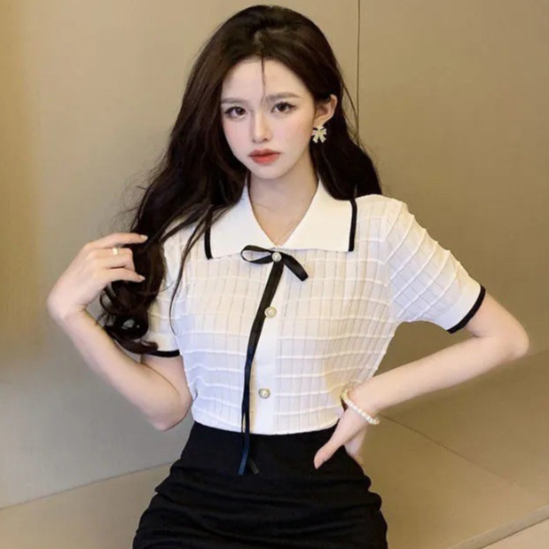 TA-32 เสื้อยืดแฟชั่น ครอป คอปก แขนสั้น สำหรับผู้หญิง สีขาวดำ สินค้าพร้อมส่ง