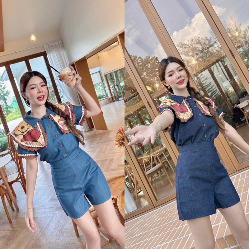 ชุดยีนส์ คอปก ลายหมีพู สวยๆ งานป้าย brt