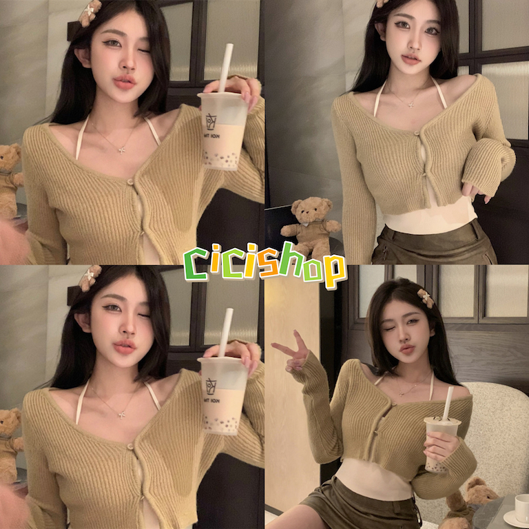 Cicishop(C8139)SET2ชิ้น เสื้อไหมพรมเเขนยาว+สายเดี่ยวคล้องคอ แมทช์ได้หลายสไตล์ หน้าหนาวนี้สาวๆต้องมี