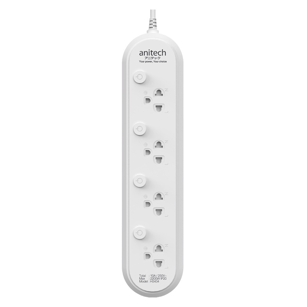 [รับประกันศูนย์ไทย] Anitech แอนนิเทค ปลั๊กไฟ มอก. 4ช่อง 4สวิตช์ 3 ม. รุ่น H3434-WH สีขาว