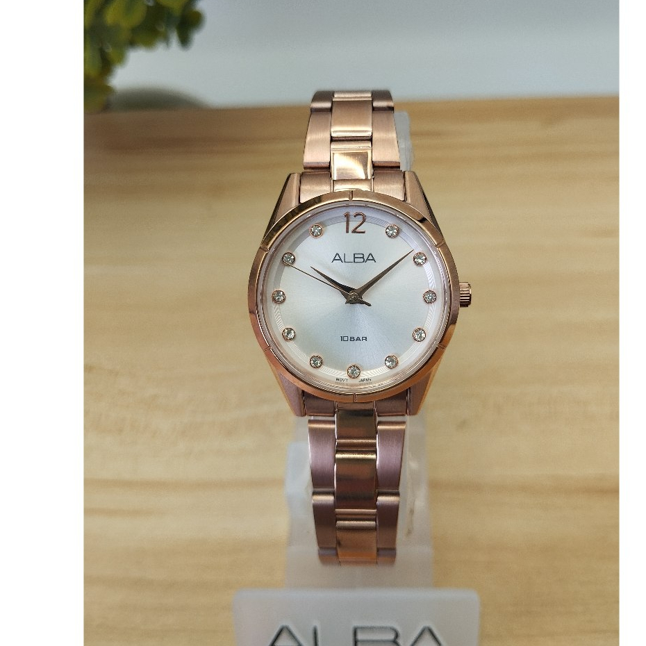 ALBA นาฬิกาข้อมือผู้หญิง AH8738X สแตนเลส พิ้งโกลด์ หน้ามุกขาว คริสตัลแท้ SWAROVSKI  "ประกันศูนย์"
