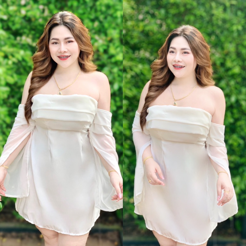 NT632 เดรสออกงาน คาเฟ่ ทะเล ซาร่าพริ้วแขนชีฟองผ่า สาวอวบ