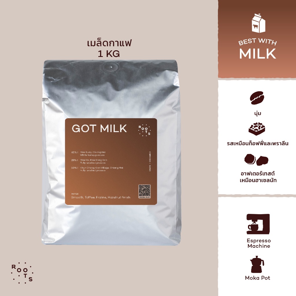 Roots Coffee เมล็ดกาแฟ Got Milk Blend ขนาด 1kg คั่วระดับกลาง เหมาะสำหรับชงแบบ Espresso และ Moka Pot