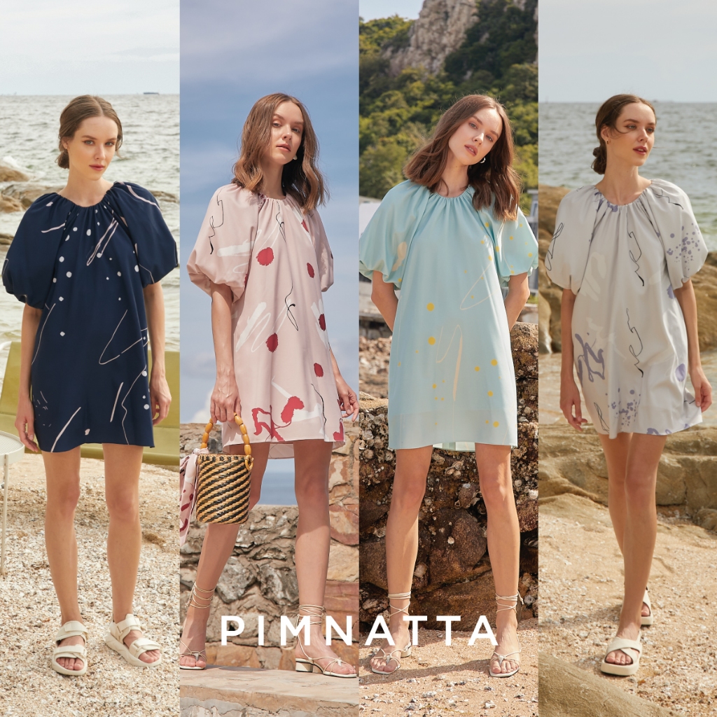 Pimnatta Angie Dress เดรสคอกลมแขนบอลลูน ผ้าพิมพ์ลายไหมอิตาลี ผ้าพริ้ว ใส่ถ่ายรูป ไปคาเฟ่ ไปทะเลก็รอด
