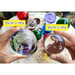 ลูกแก้วสีแท้ เนื้อสีในลูกแก้ว แช่น้ำได้ ขนาด 4 - 6 เซน พร้อมฐานไม้วาง