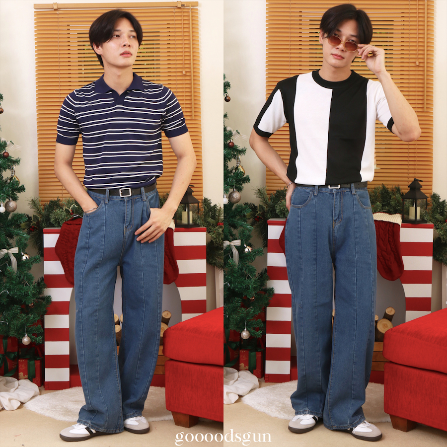 NORMAL JEAN TROUSERS I กางเกงยีนส์ขายาวทรงกระบอกใหญ่แต่งดีเทลลายทาง ยีนส์ขายาวทรงลุงวินเทจเท่