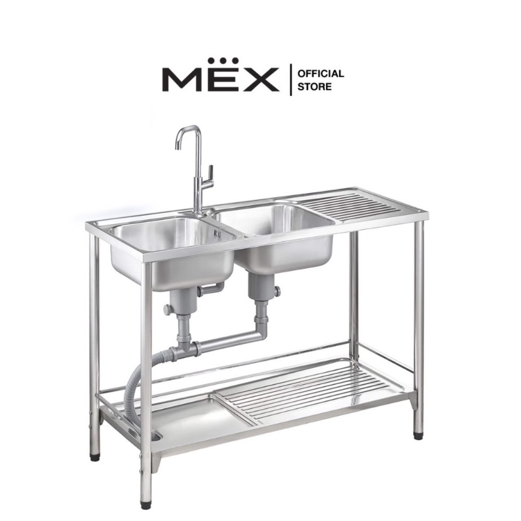 MEX รุ่น PSB1200ML อ่างล้างจานพร้อมขาตั้ง 2 หลุม 1 ที่พัก ขนาด 120 x 50 ซม. สเตนเลส สตีล AISI 304