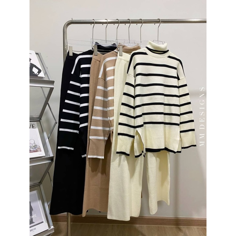 knitting set 2 ชิ้น Set ชุดเซทไหมพรมคอเต่า งานแขนยาว ลายริ้ว