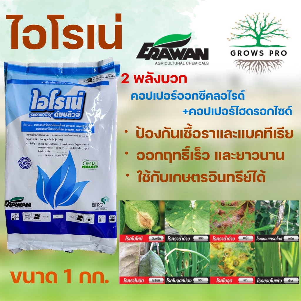 GrowsPro ไอโรเน่ ขนาด 1กก.  2 พลัง(คอปเปอร์ออกซี่คลอไรด์+คอปเปอร์ไฮดรอกไซด์)  กำจัดโรคราและแบคทีเรีย
